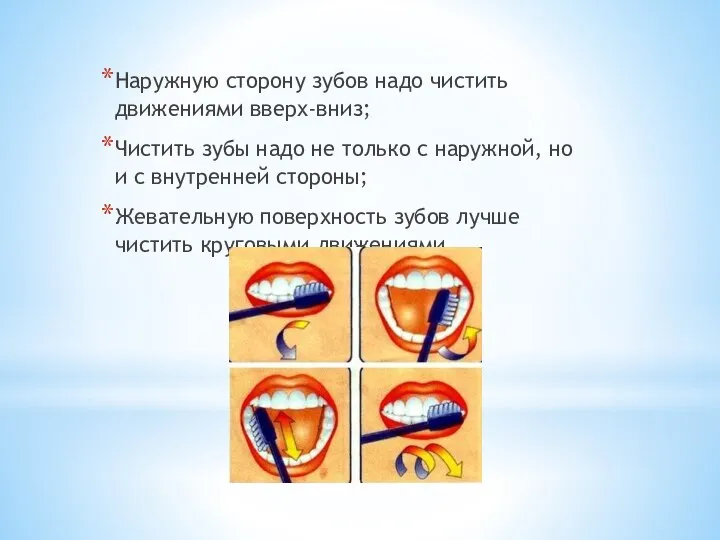 Наружную сторону зубов надо чистить движениями вверх-вниз; Чистить зубы надо не только