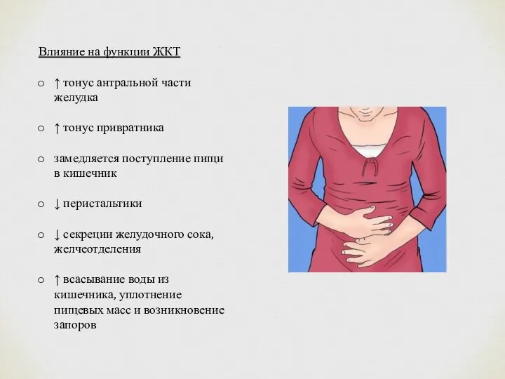 Влияние на функции ЖКТ ↑ тонус антральной части желудка ↑ тонус привратника