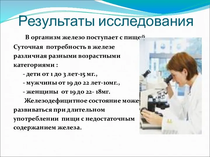 Результаты исследования В организм железо поступает с пищей. Суточная потребность в железе