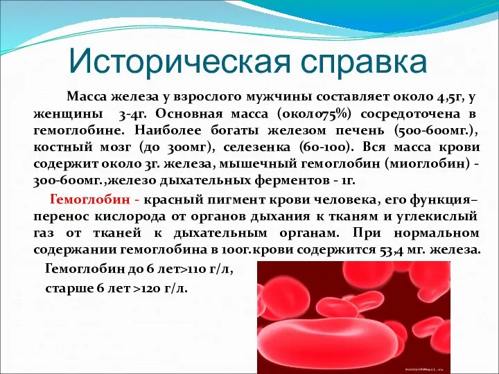 Историческая справка Масса железа у взрослого мужчины составляет около 4,5г, у женщины