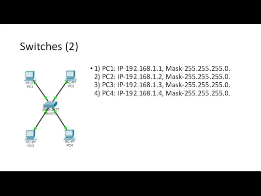 Switches (2) 1) PC1: IP-192.168.1.1, Mask-255.255.255.0. 2) PC2: IP-192.168.1.2, Mask-255.255.255.0. 3) PC3: