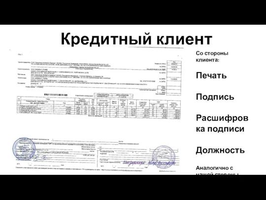 Кредитный клиент Со стороны клиента: Печать Подпись Расшифровка подписи Должность Аналогично с нашей стороны