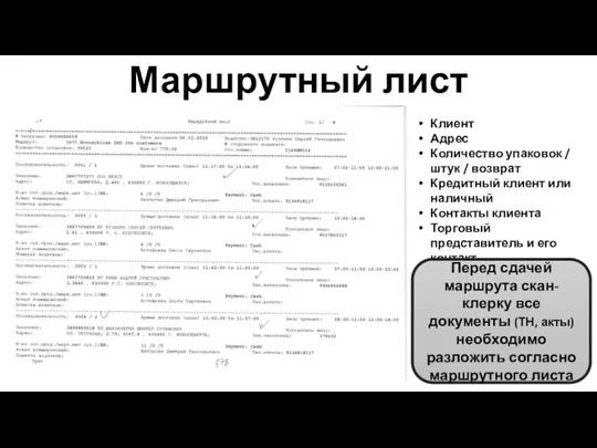 Маршрутный лист Клиент Адрес Количество упаковок / штук / возврат Кредитный клиент