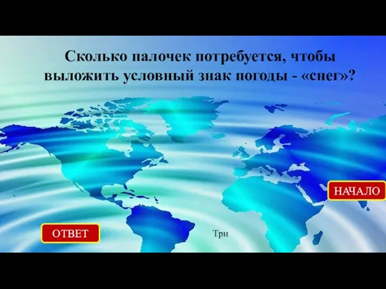 ОТВЕТ Три НАЧАЛО Сколько палочек потребуется, чтобы выложить условный знак погоды - «снег»?