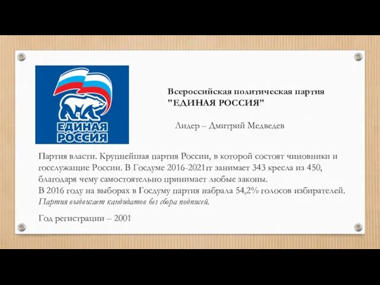 Всероссийская политическая партия "ЕДИНАЯ РОССИЯ" Лидер – Дмитрий Медведев Партия власти. Крупнейшая