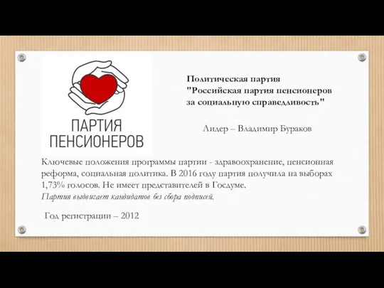 Политическая партия "Российская партия пенсионеров за социальную справедливость" Лидер – Владимир Бураков