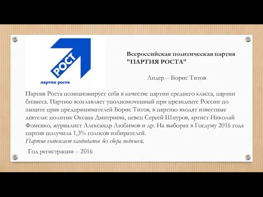 Всероссийская политическая партия "ПАРТИЯ РОСТА" Лидер – Борис Титов Партия Роста позиционирует