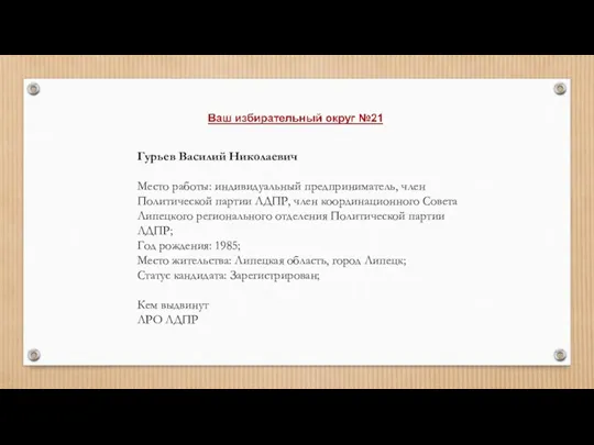 Гурьев Василий Николаевич Место работы: индивидуальный предприниматель, член Политической партии ЛДПР, член