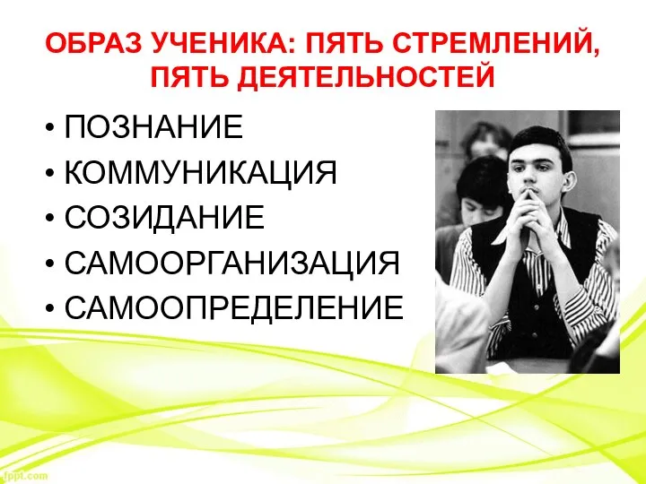 ОБРАЗ УЧЕНИКА: ПЯТЬ СТРЕМЛЕНИЙ, ПЯТЬ ДЕЯТЕЛЬНОСТЕЙ ПОЗНАНИЕ КОММУНИКАЦИЯ СОЗИДАНИЕ САМООРГАНИЗАЦИЯ САМООПРЕДЕЛЕНИЕ