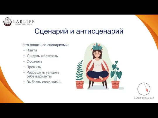 Что делать со сценариями: Найти Увидеть жёсткость Осознать Прожить Разрешить увидеть себе