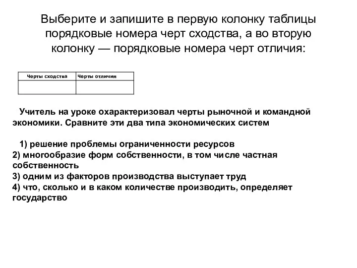 Выберите и запишите в первую колонку таблицы порядковые номера черт сходства, а