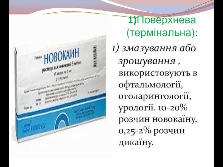 1)Поверхнева (термінальна): 1) змазування або зрошування , використовують в офтальмології, отоларингології,урології. 10-20%