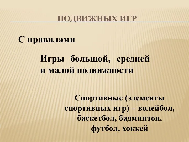 ПОДВИЖНЫХ ИГР С правилами Спортивные (элементы спортивных игр) – волейбол, баскетбол, бадминтон,