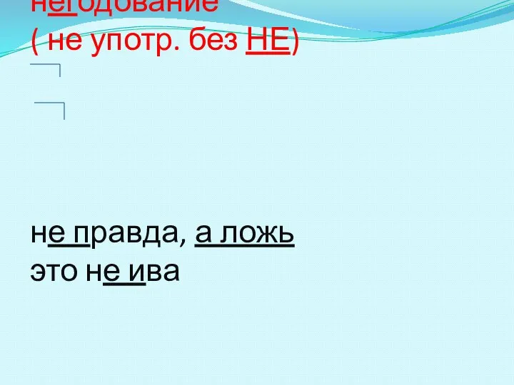 неправда(ложь) неудача (отсутствие удачи) негодование ( не употр. без НЕ) не правда,