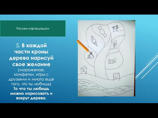 5. В каждой части кроны дерева нарисуй свое желание (мороженое, конфетки, игры