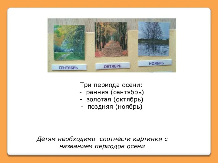 Три периода осени: - ранняя (сентябрь) - золотая (октябрь) - поздняя (ноябрь)