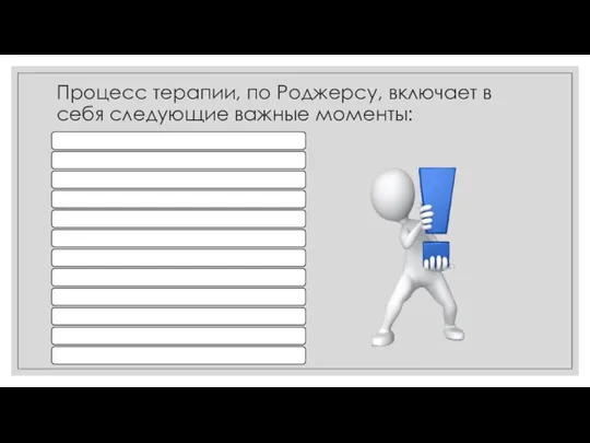 Процесс терапии, по Роджерсу, включает в себя следующие важные моменты: