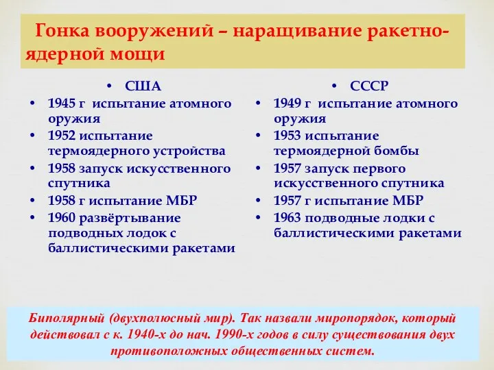 Гонка вооружений – наращивание ракетно- ядерной мощи США 1945 г испытание атомного