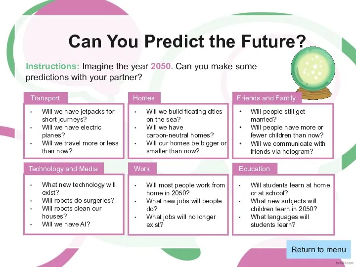 Can You Predict the Future? Instructions: Imagine the year 2050. Can you