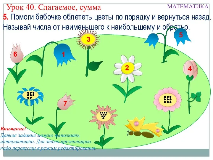 5. Помоги бабочке облететь цветы по порядку и вернуться назад. Называй числа