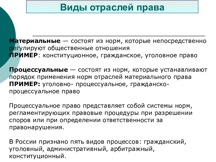 Материальные — состоят из норм, которые непосредственно регулируют общественные отношения ПРИМЕР: конституционное,