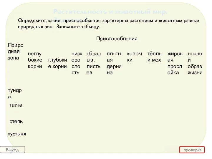 Выход Растительность и животный мир. Задание 2 Определите, какие приспособления характерны растениям