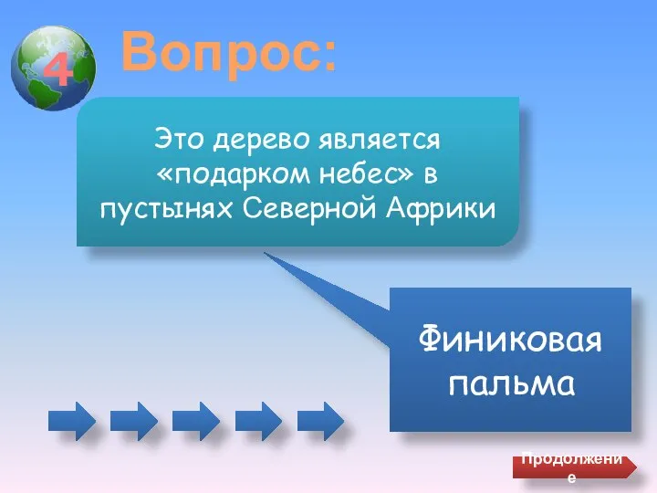 4 Вопрос: Финиковая пальма Это дерево является «подарком небес» в пустынях Северной Африки Продолжение