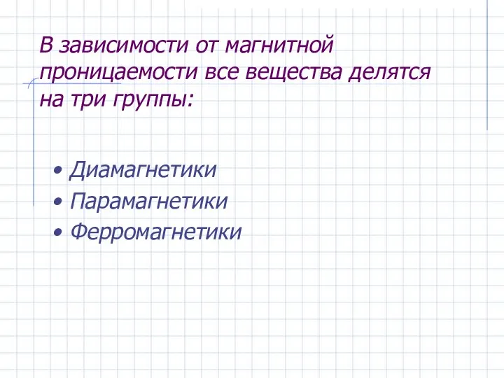 В зависимости от магнитной проницаемости все вещества делятся на три группы: Диамагнетики Парамагнетики Ферромагнетики