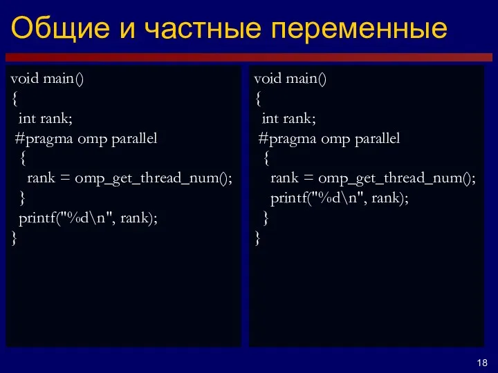 void main() { int rank; #pragma omp parallel { rank = omp_get_thread_num();