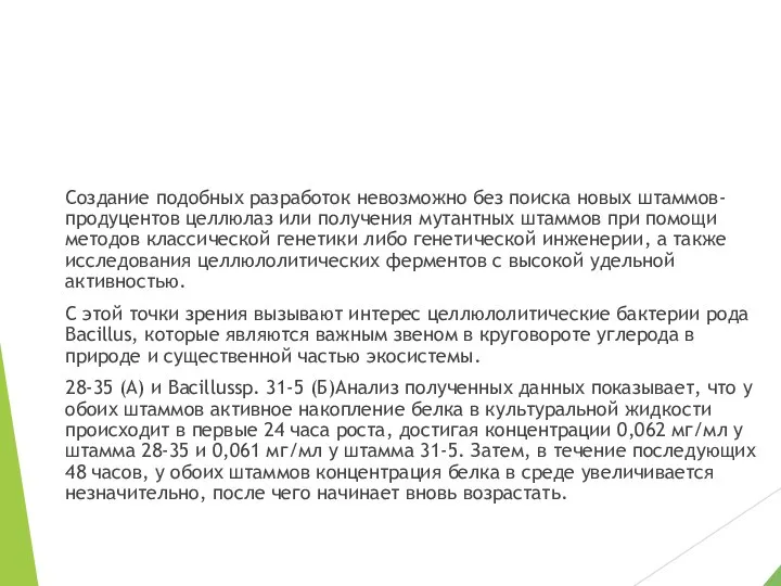 Создание подобных разработок невозможно без поиска новых штаммов-продуцентов целлюлаз или получения мутантных