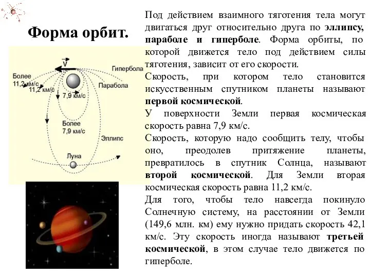 Текст радуга земного тяготения. Форма орбиты. Форма орбит. Космические скорости и форма орбит. Зависимость формы орбиты от скорости.