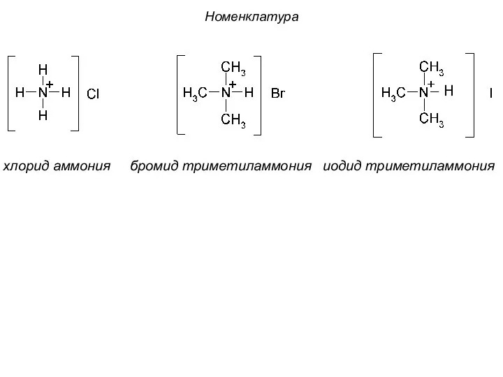 Бромид триметиламмония. Хлорид триметиламмония. Ацетат триметиламмония. Формиат триметиламмония.